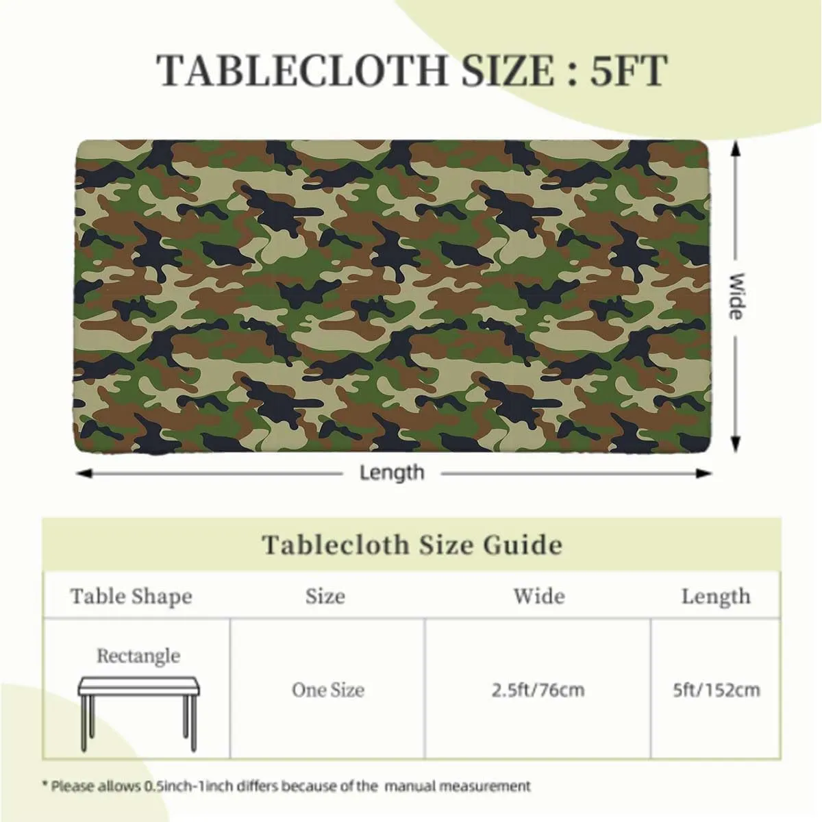 Forest Green Green Brown Rectangle Elastic Fitted Tablecloth Fashionable Graphic Inspired Table Cloth for Indoor Outdoor Picnic Parties Camo Fits up 5 Foot Tables