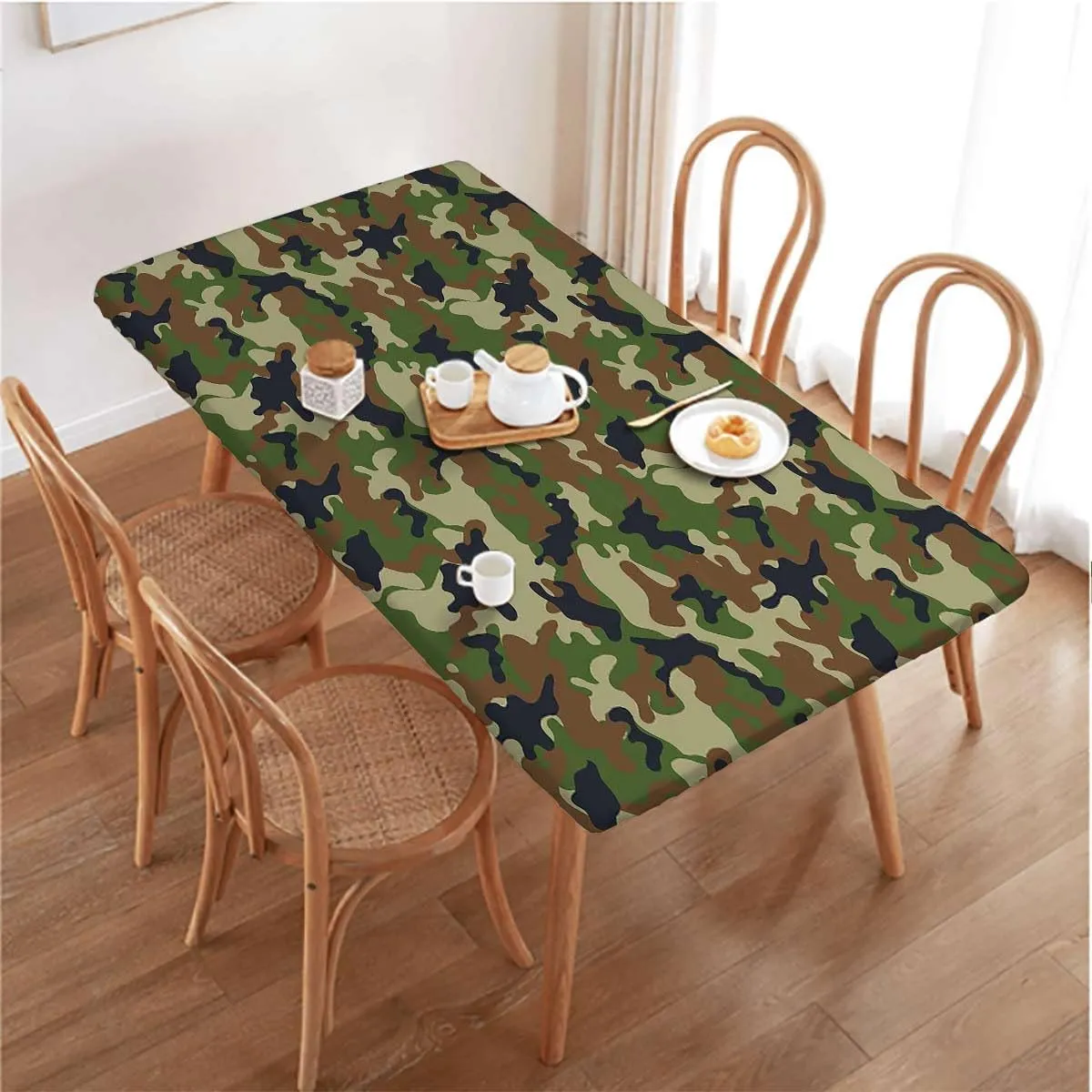 Forest Green Green Brown Rectangle Elastic Fitted Tablecloth Fashionable Graphic Inspired Table Cloth for Indoor Outdoor Picnic Parties Camo Fits up 5 Foot Tables
