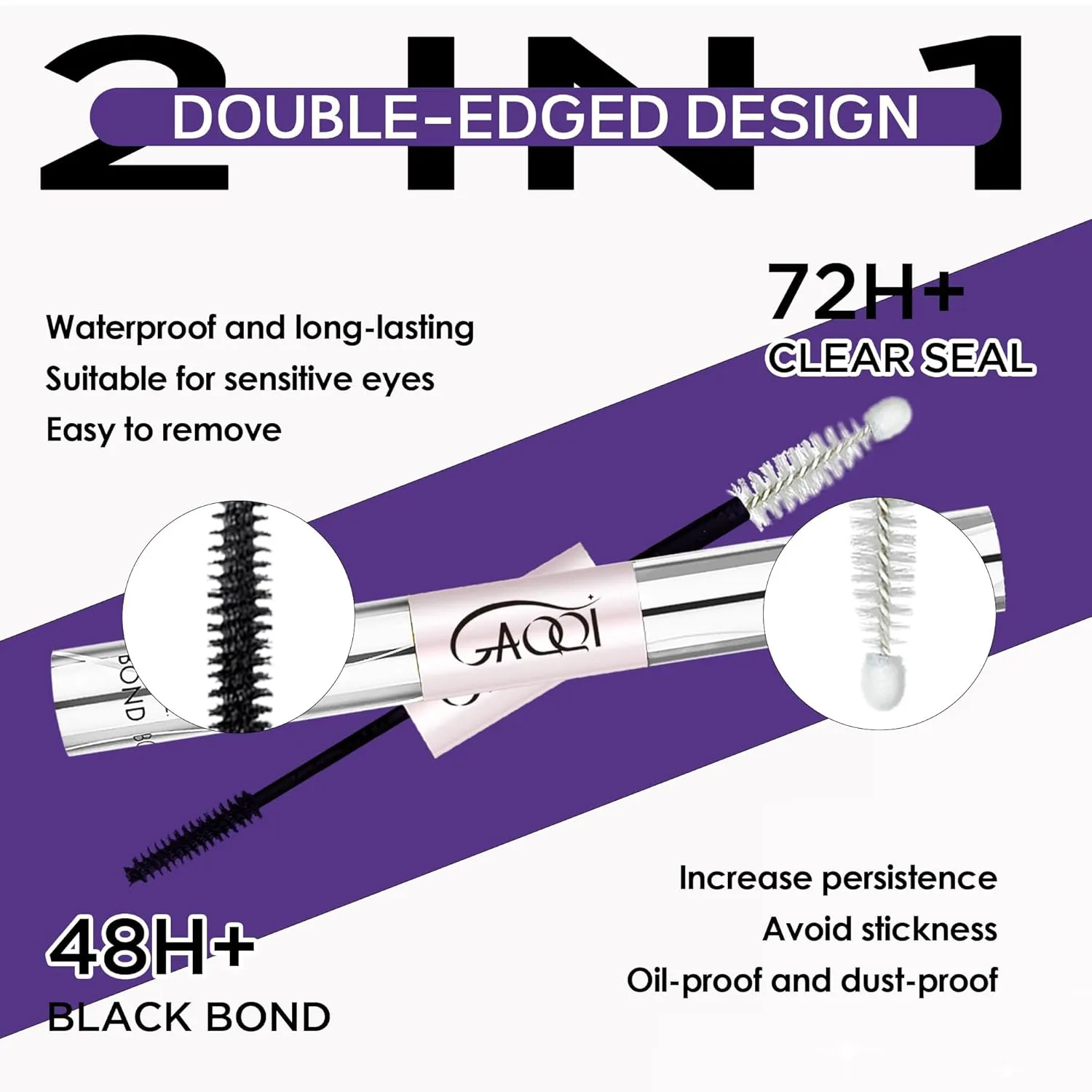GAQQI Bond and Seal Lash Glue, Lash Cluster Glue Waterproof Lash Glue for Eyelash Clusters, Black Eyelash Glue, Long-Lasting 72H , Latex Free Cluster Lash Glue (Pack of 2)