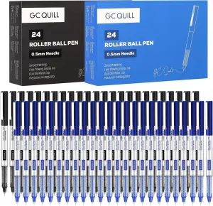 GC QUILL 48 Rollerball Pens 0.5mm Needle Point Black Liquid Ink Pens 24 and Blue Liquid Ink Pens 24 for Bullet Journaling, Office Supplies for Writing, Taking Notes & Sketching BKL48