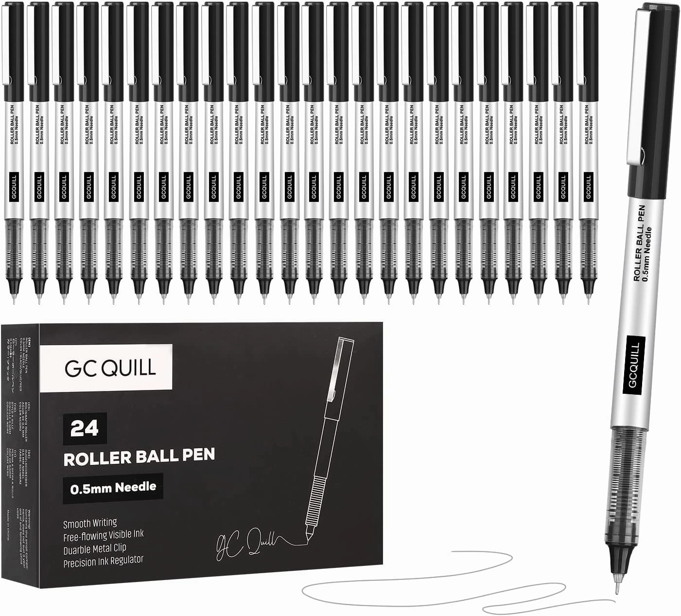 GC QUILL Rollerball Pens, Pack of 24, 0.5mm Black Liquid Ink Pens for Bullet Journaling, Fine Point Rollerball, Office Supplies for Writing, Taking Notes & Sketching BK24