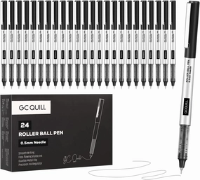 GC QUILL Rollerball Pens, Pack of 24, 0.5mm Black Liquid Ink Pens for Bullet Journaling, Fine Point Rollerball, Office Supplies for Writing, Taking Notes & Sketching BK24