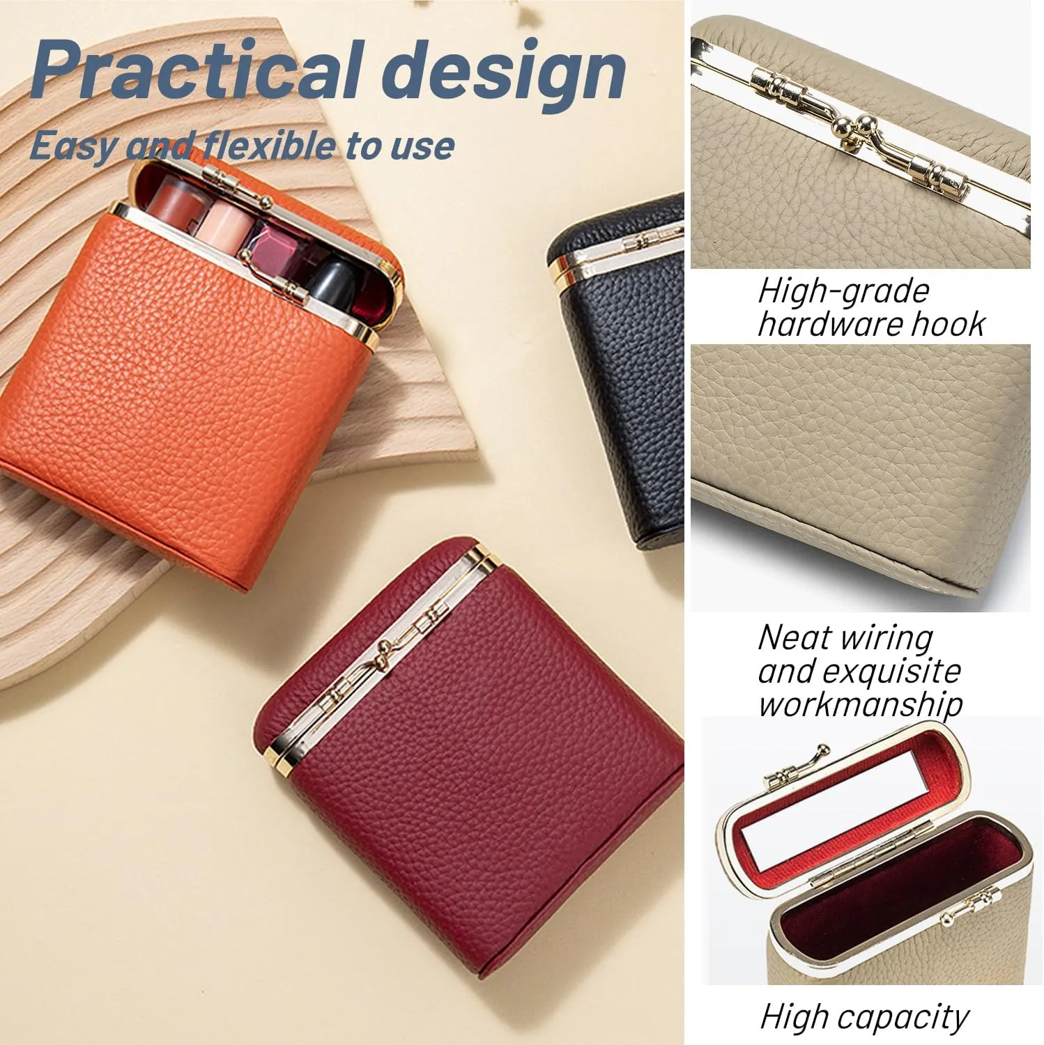 Genuine Leather Lipstick Case, Lipstick Organizer Holder with Mirror,Cosmetic Storage Kit Makeup Travel Cases Organizer Bag for Purse (Orange)
