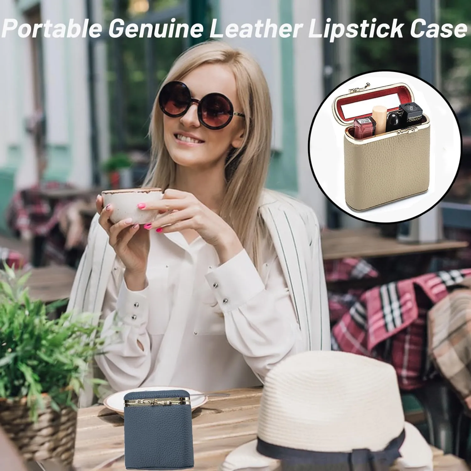 Genuine Leather Lipstick Case, Lipstick Organizer Holder with Mirror,Cosmetic Storage Kit Makeup Travel Cases Organizer Bag for Purse (Orange)