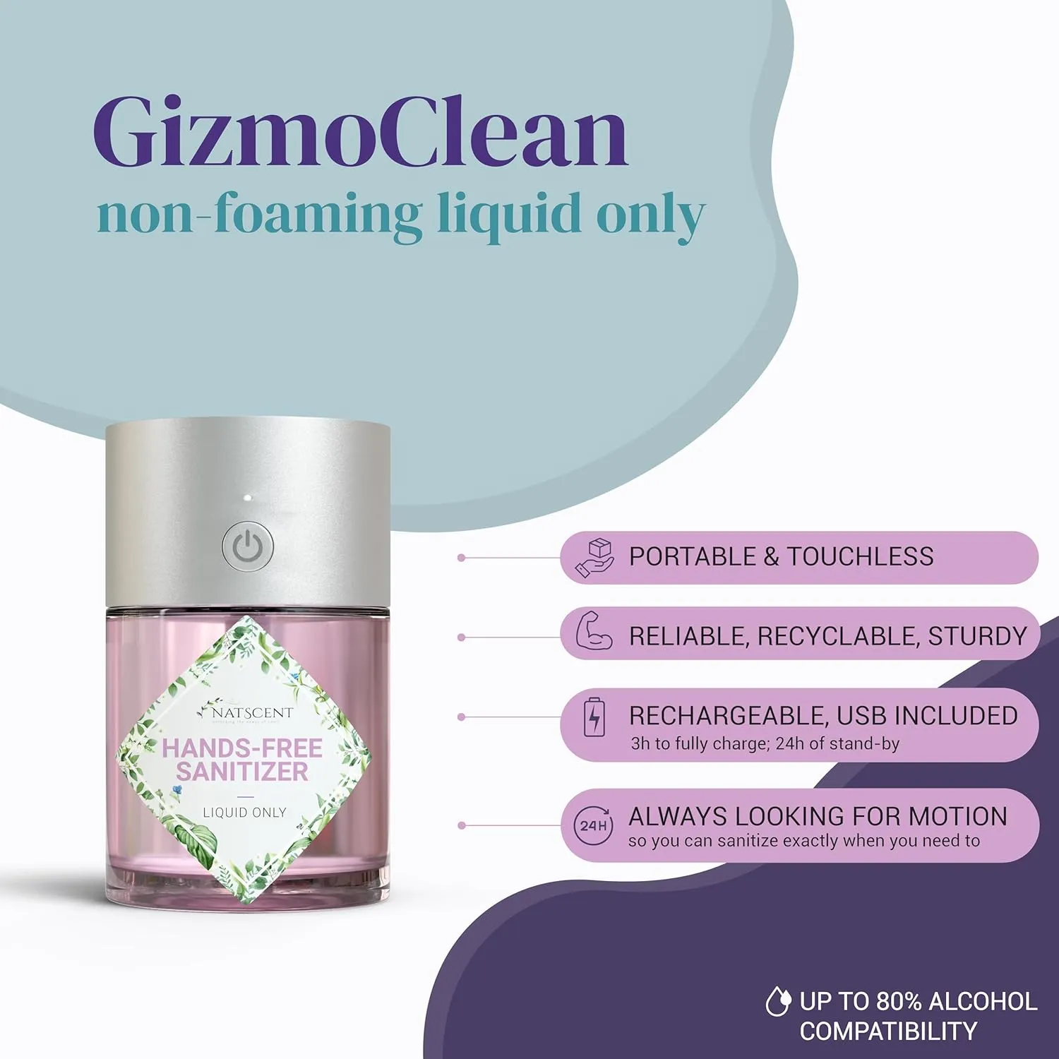 GizmoClean Automatic Hand Sanitizer Dispenser with Motion Sensor Activation, Easy Installation, Portable, Rechargeable, Powerful Mist for Hands & Surfaces (Pink)