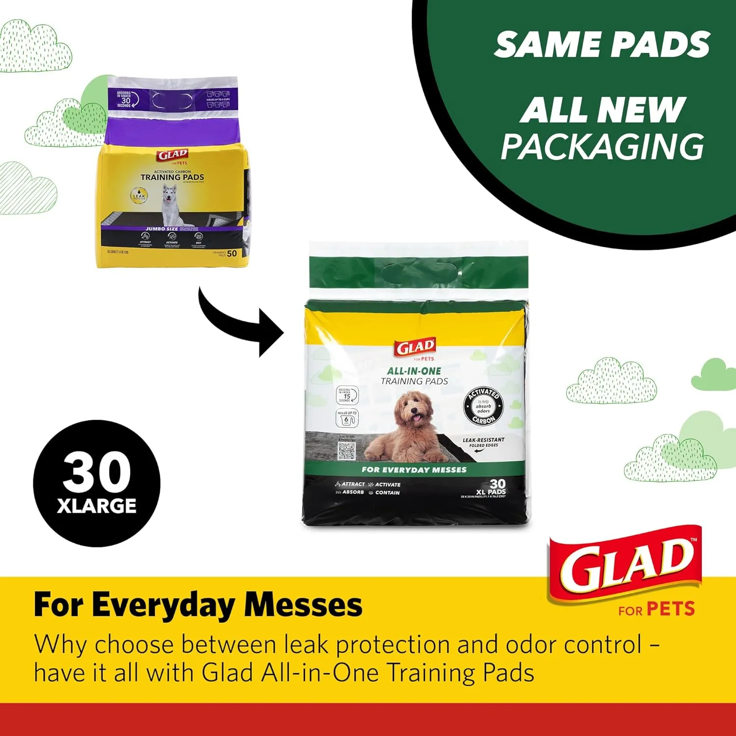 Glad for Pets JUMBO-SIZE Charcoal Puppy Pads, All-in-One | Black Training Pads That ABSORB & Neutralize Urine Instantly | New & Improved Quality Puppy Pee Pads, 30 Count - 2 Pack