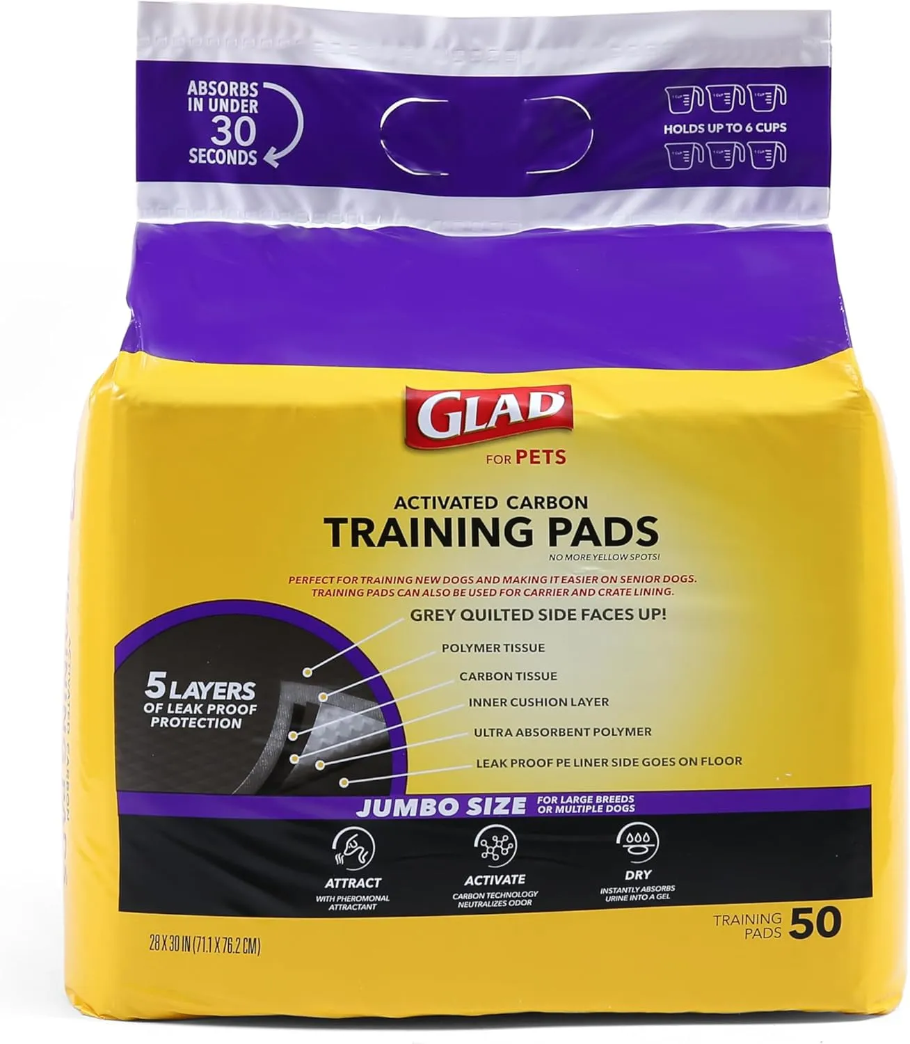 Glad for Pets JUMBOSIZE/XL Charcoal Puppy Pads, AllinOne Black Training Pads That ABSORB & Neutralize Urine Instantly New & Improved Quality, 50 Count (Pack of 1)