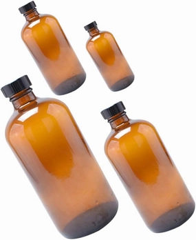 GLEAVI 4pcs Amber Glass Bottles Boston Rounds with Caps for Perfumes Essential Oils and Cosmetics Storage