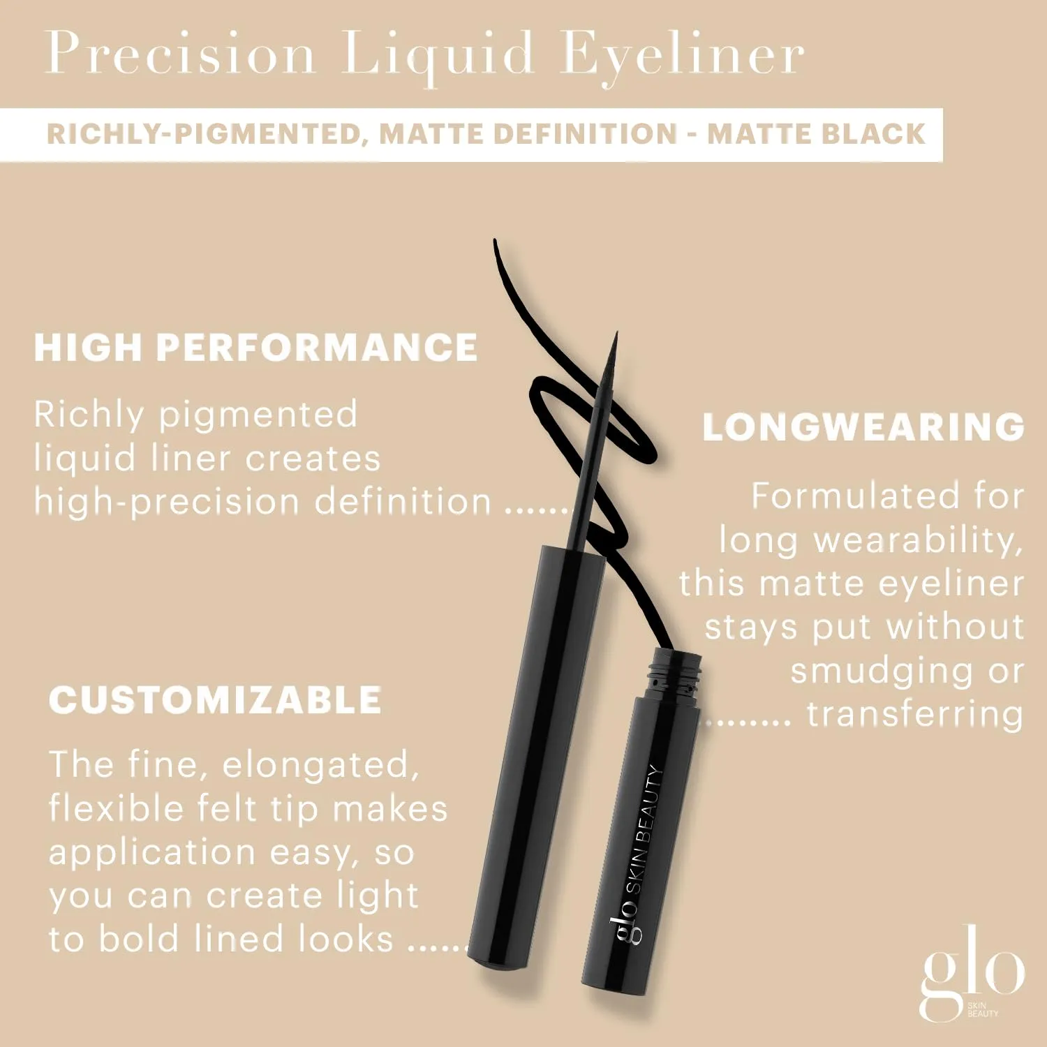 Glo Skin Beauty Precision Liquid Eyeliner (Black) - Fine, Elongated, Flexible Felt Tip Delivers An Even Application, Fast Drying, Matte Finish, With Caffeine