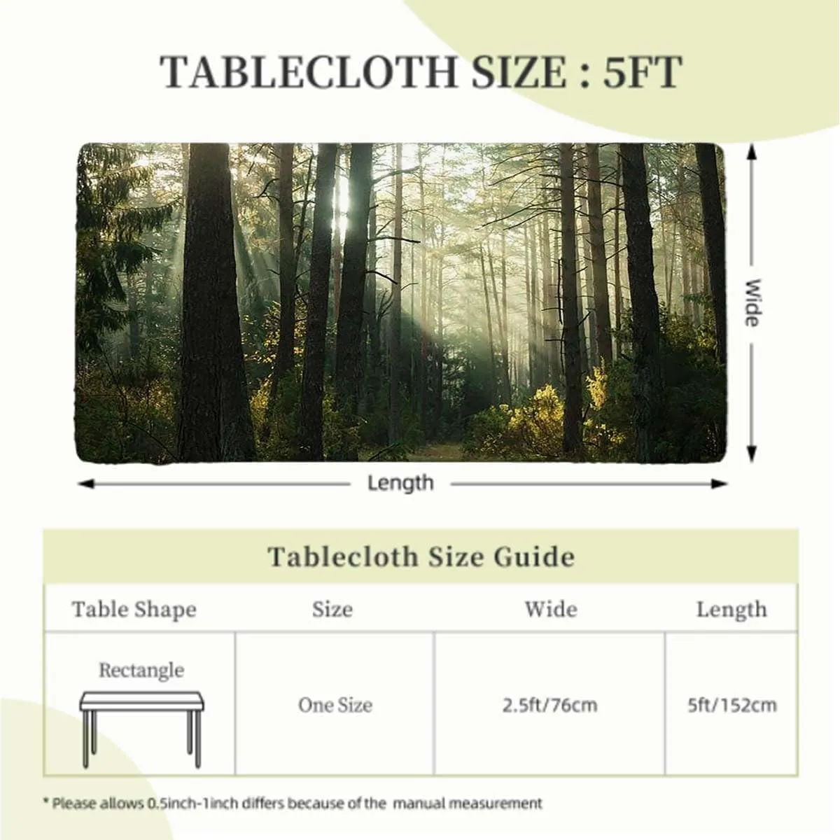Gold Brown Fitted Table Cover for Square Tables Sunshine in Forest Landscape Waterproof Wipeable Table Covers for Indoor, Outdoor Nature Fits up 5 Foot Tables