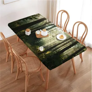 Gold Brown Fitted Table Cover for Square Tables Sunshine in Forest Landscape Waterproof Wipeable Table Covers for Indoor, Outdoor Nature Fits up 5 Foot Tables