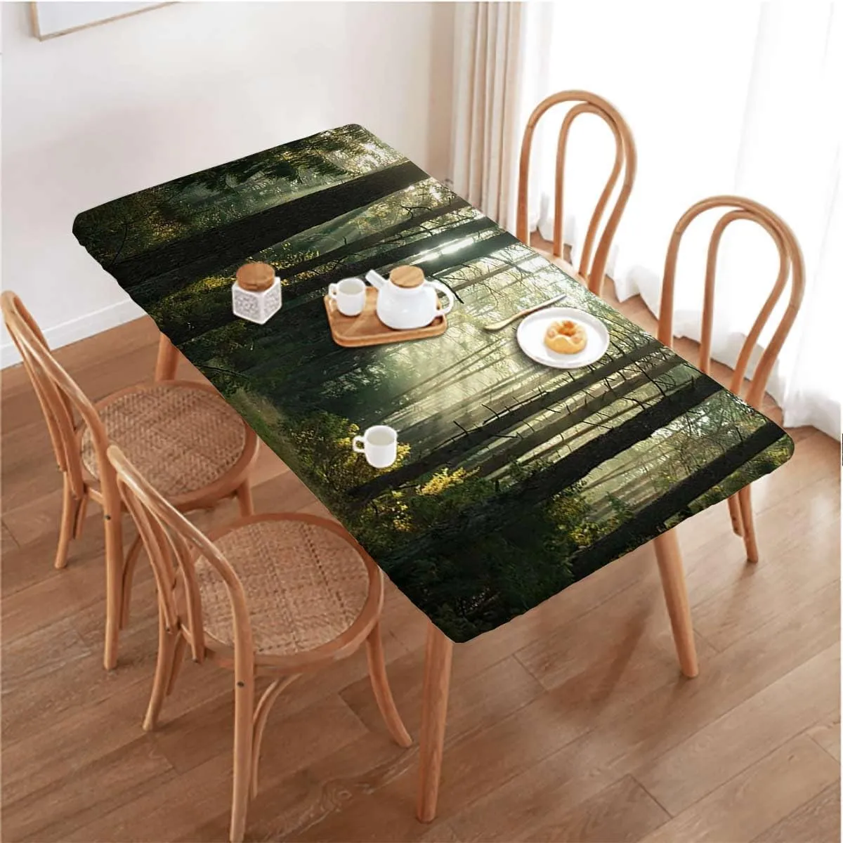 Gold Brown Fitted Table Cover for Square Tables Sunshine in Forest Landscape Waterproof Wipeable Table Covers for Indoor, Outdoor Nature Fits up 5 Foot Tables