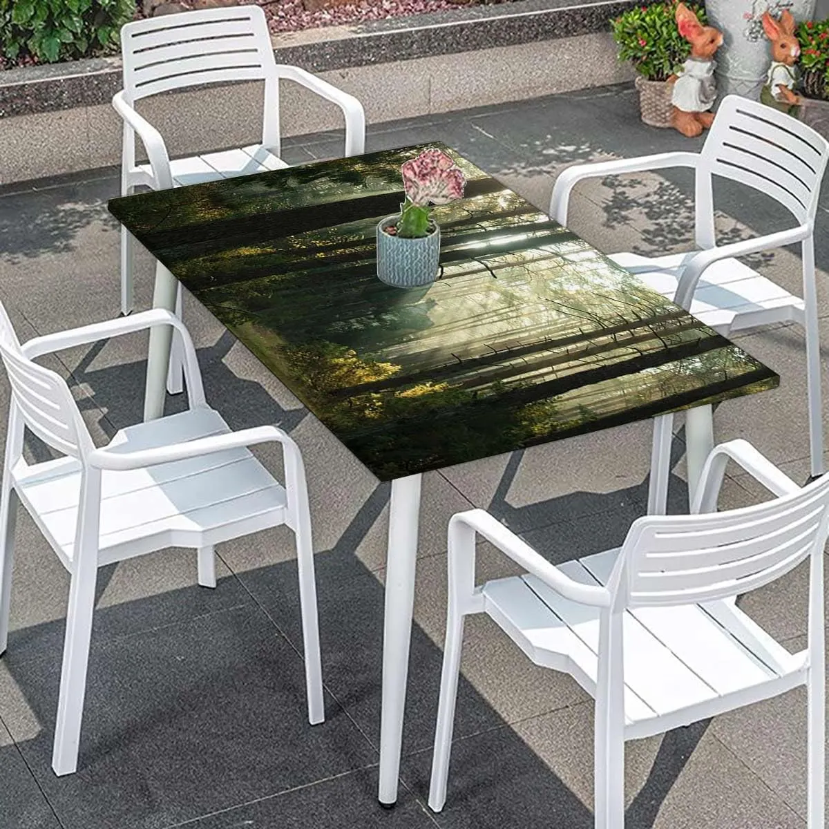 Gold Brown Fitted Table Cover for Square Tables Sunshine in Forest Landscape Waterproof Wipeable Table Covers for Indoor, Outdoor Nature Fits up 5 Foot Tables