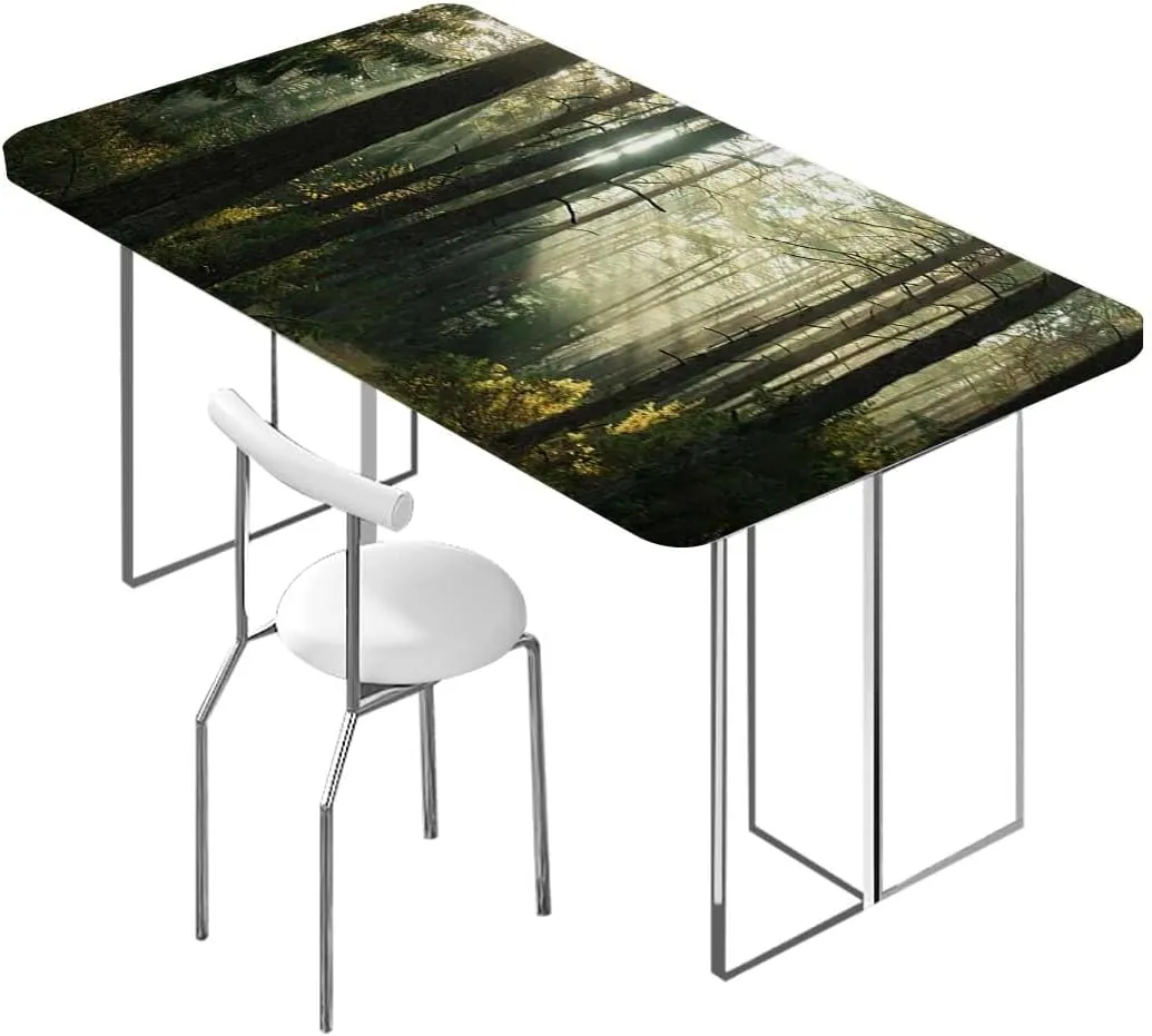 Gold Brown Fitted Table Cover for Square Tables Sunshine in Forest Landscape Waterproof Wipeable Table Covers for Indoor, Outdoor Nature Fits up 5 Foot Tables