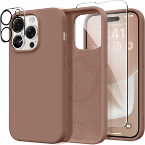 GONEZ for iPhone 14 Pro Case, Compatible with Magsafe, with Screen Protector   Camera Lens Protector, Soft Anti-Scratch Microfiber Lining, Shockproof Liquid Silicone Phone Cover, Brown