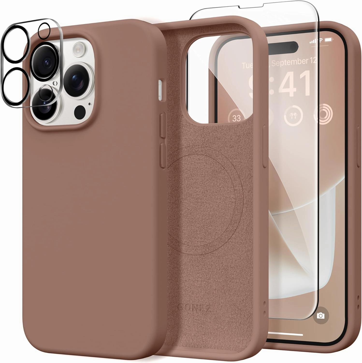 GONEZ for iPhone 14 Pro Case, Compatible with Magsafe, with Screen Protector   Camera Lens Protector, Soft Anti-Scratch Microfiber Lining, Shockproof Liquid Silicone Phone Cover, Brown