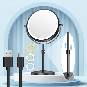 Gospire 8.5" Lighted Makeup Mirror with Magnification, Adjustable Brightness & Height, 3 Light Colors, 360° Rotation, 10X Magnifying Mirror with Light, LED Vanity Mirror for Women - Black