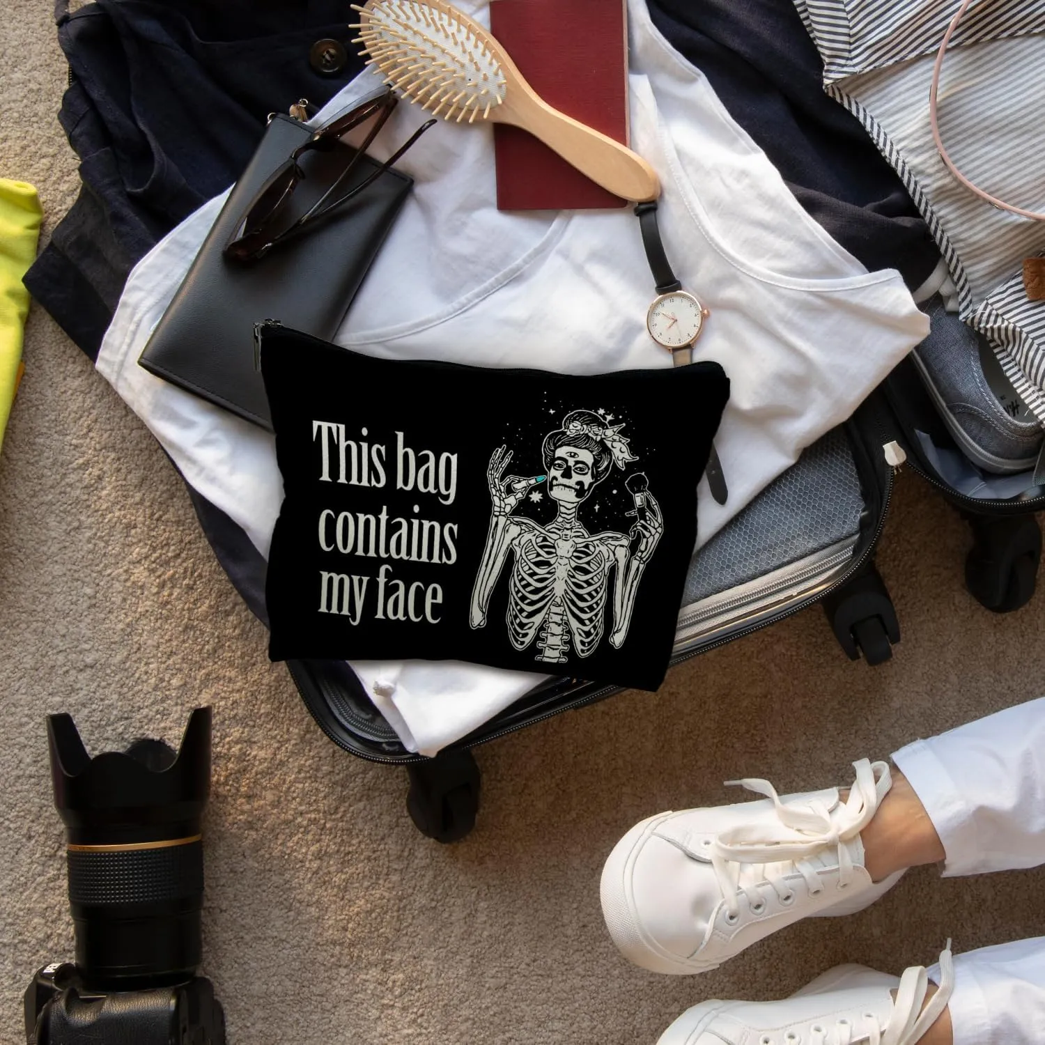 Goth Leather Makeup Bag - Gothic, Spooky Gifts for Women - Contains My Face, Witchy Bag (PU-Black)