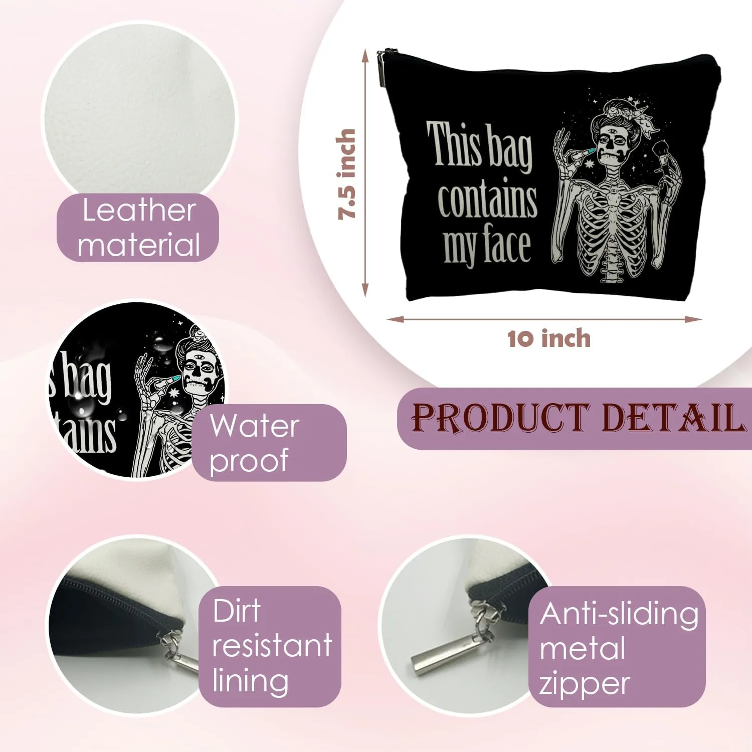 Goth Leather Makeup Bag - Gothic, Spooky Gifts for Women - Contains My Face, Witchy Bag (PU-Black)