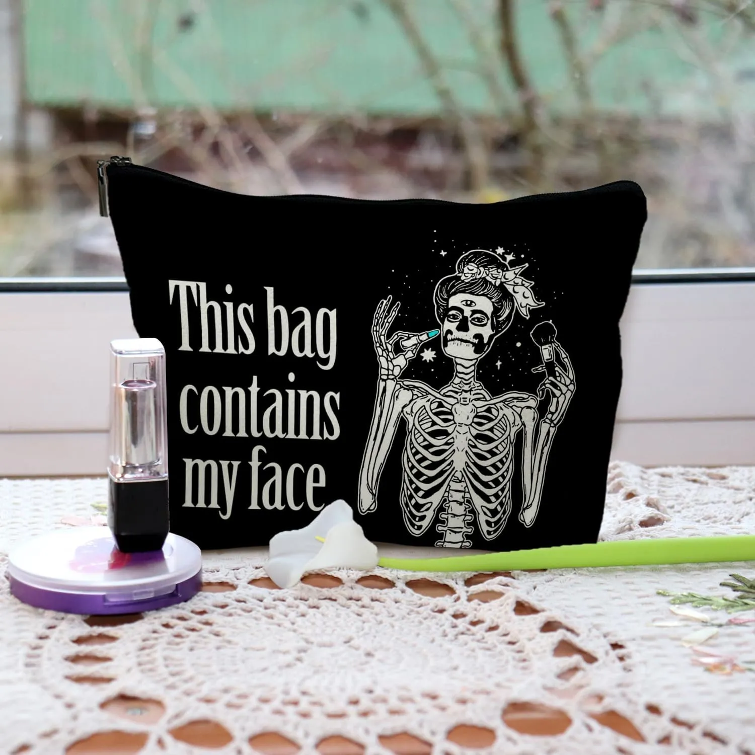 Goth Leather Makeup Bag - Gothic, Spooky Gifts for Women - Contains My Face, Witchy Bag (PU-Black)