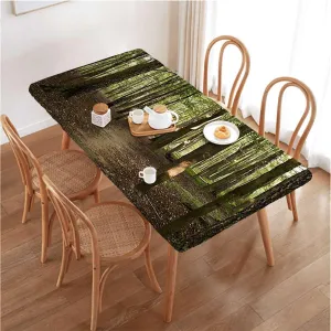 Green Brown Elastic Edge Fitted Tablecloth, Sunrays seen Through Trees Scenery Washable Picnic Table Cover Indoor Outdoor Elastic Tablecloth,for 4 Foot Tables Forest Scenic