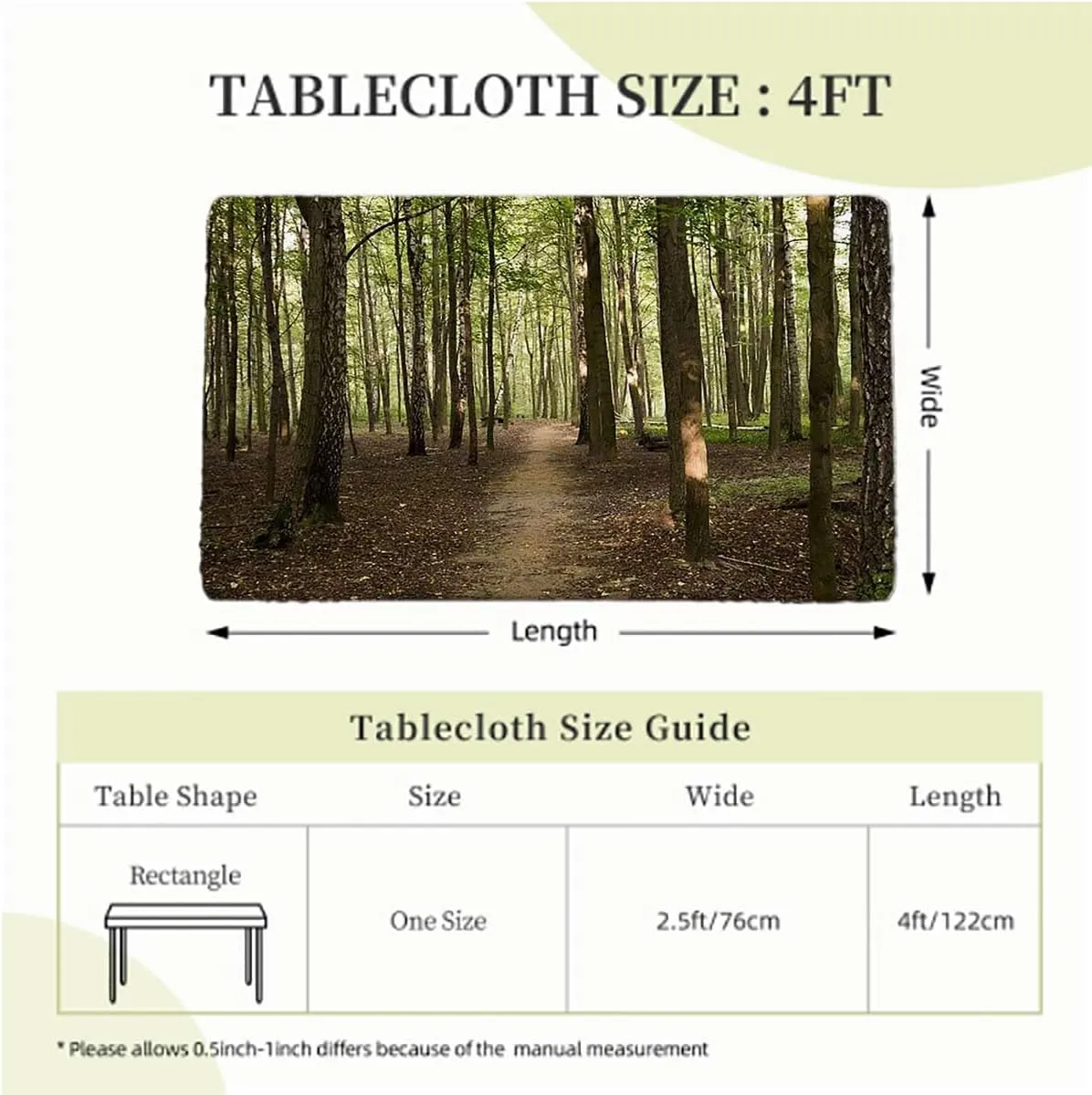 Green Brown Elastic Edge Fitted Tablecloth, Sunrays seen Through Trees Scenery Washable Picnic Table Cover Indoor Outdoor Elastic Tablecloth,for 4 Foot Tables Forest Scenic