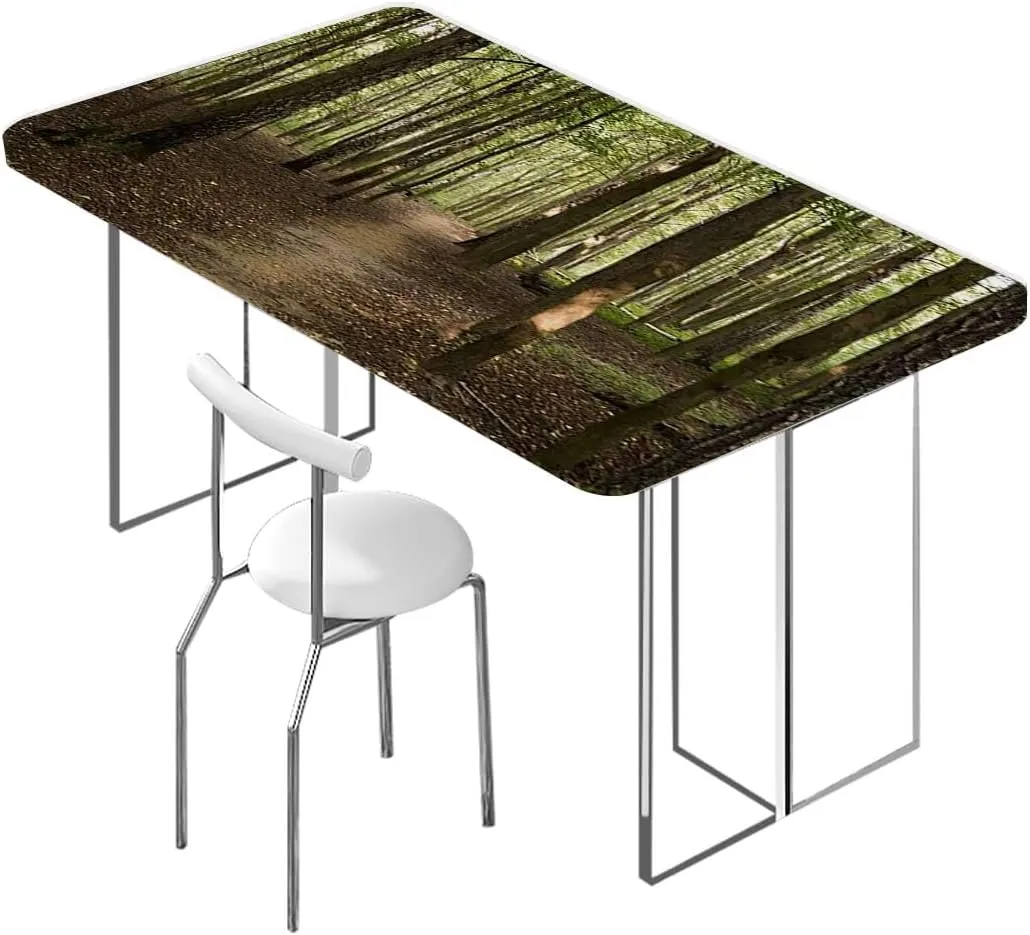 Green Brown Elastic Edge Fitted Tablecloth, Sunrays seen Through Trees Scenery Washable Picnic Table Cover Indoor Outdoor Elastic Tablecloth,for 4 Foot Tables Forest Scenic