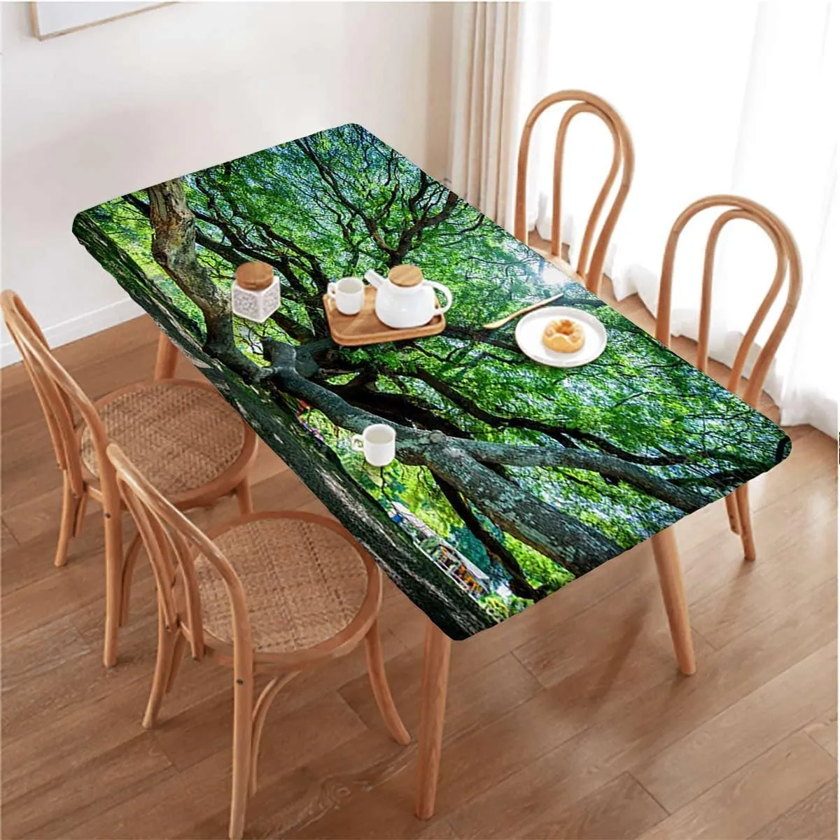 Green Brown Elastic Fitted Picnic Table Cover Green Big Branches Growth Eco Photo Tablecloth ?Suitable for Camping Party and Picnic Nature Fits up 4 Foot Tables