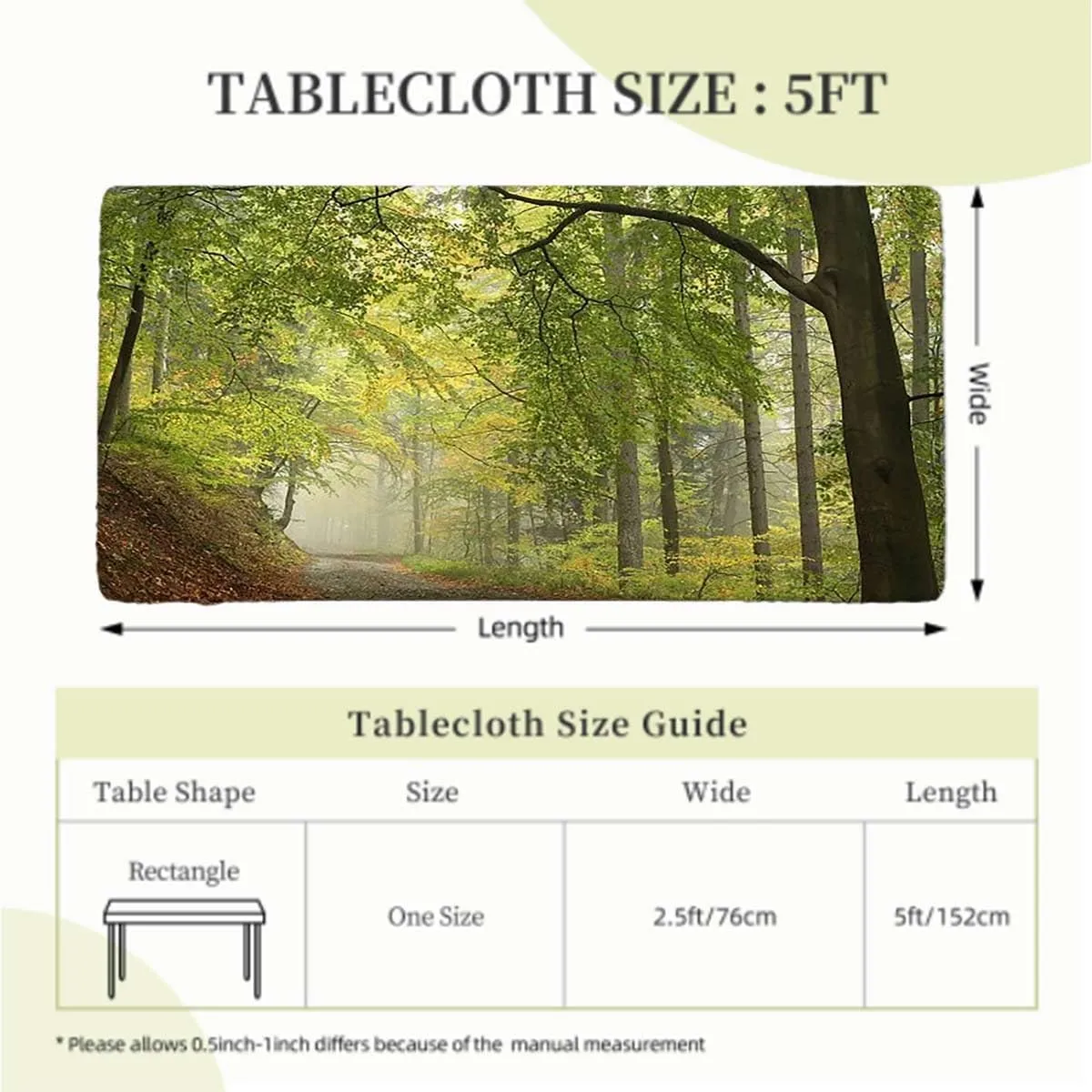 Green Brown Elastic Fitted Tablecloth Misty Autumn Forest Landscape Table ​Cover ​for Kitchen Dining Party Picnic Fall Tree Decor Fits up 5 Foot Tables