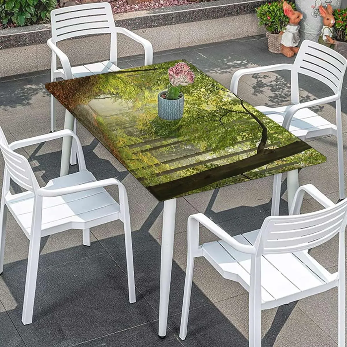 Green Brown Elastic Fitted Tablecloth Misty Autumn Forest Landscape Table ​Cover ​for Kitchen Dining Party Picnic Fall Tree Decor Fits up 5 Foot Tables