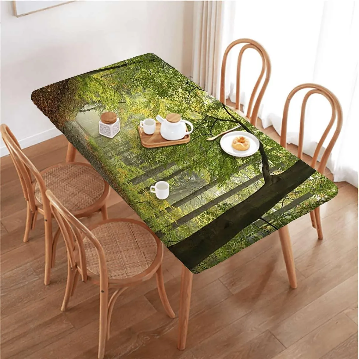 Green Brown Elastic Fitted Tablecloth Misty Autumn Forest Landscape Table ​Cover ​for Kitchen Dining Party Picnic Fall Tree Decor Fits up 5 Foot Tables