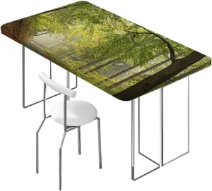 Green Brown Elastic Fitted Tablecloth Misty Autumn Forest Landscape Table ​Cover ​for Kitchen Dining Party Picnic Fall Tree Decor Fits up 5 Foot Tables