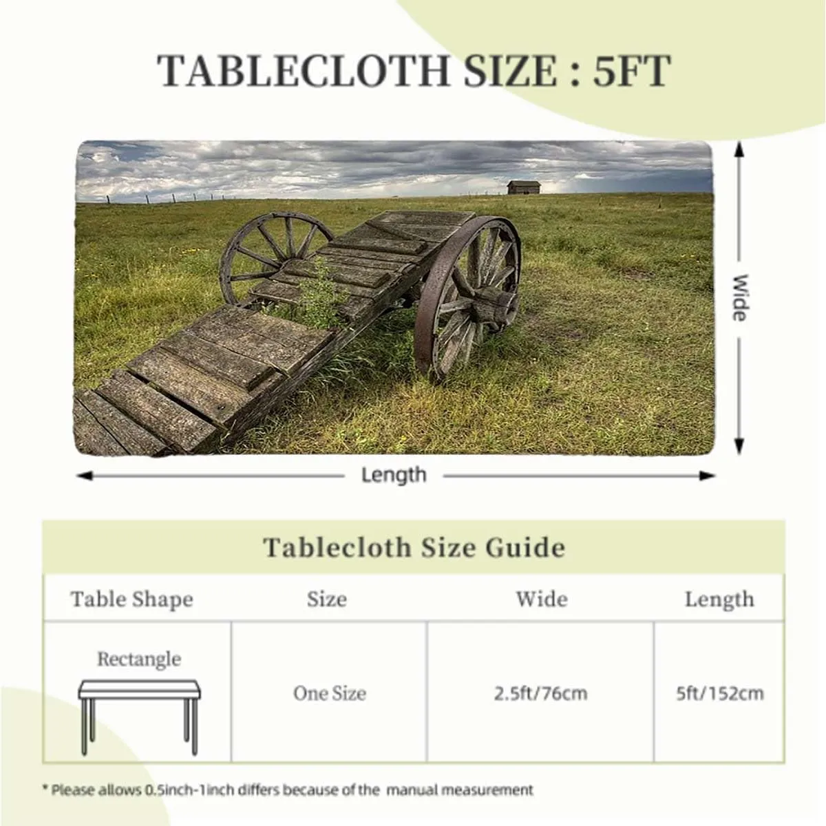 Green Brown Rectangle Elastic Fitted Tablecloth Barn Wood Wagon Wheel Old Prairie Cart Waterproof Table Cloths for Kitchen Holiday Party Outdoor Picnic Countryside Fits up 5 Foot Tables