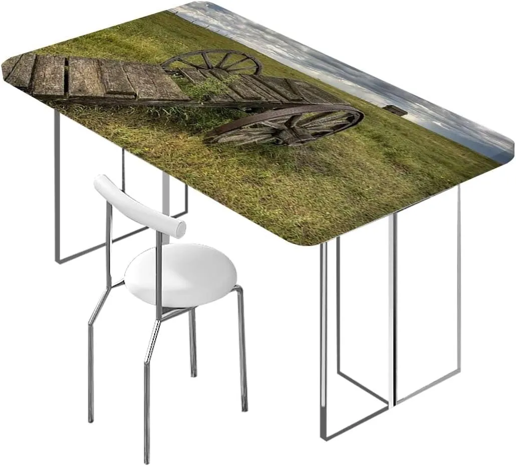 Green Brown Rectangle Elastic Fitted Tablecloth Barn Wood Wagon Wheel Old Prairie Cart Waterproof Table Cloths for Kitchen Holiday Party Outdoor Picnic Countryside Fits up 5 Foot Tables