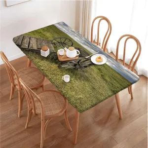 Green Brown Rectangle Elastic Fitted Tablecloth Barn Wood Wagon Wheel Old Prairie Cart Waterproof Table Cloths for Kitchen Holiday Party Outdoor Picnic Countryside Fits up 5 Foot Tables