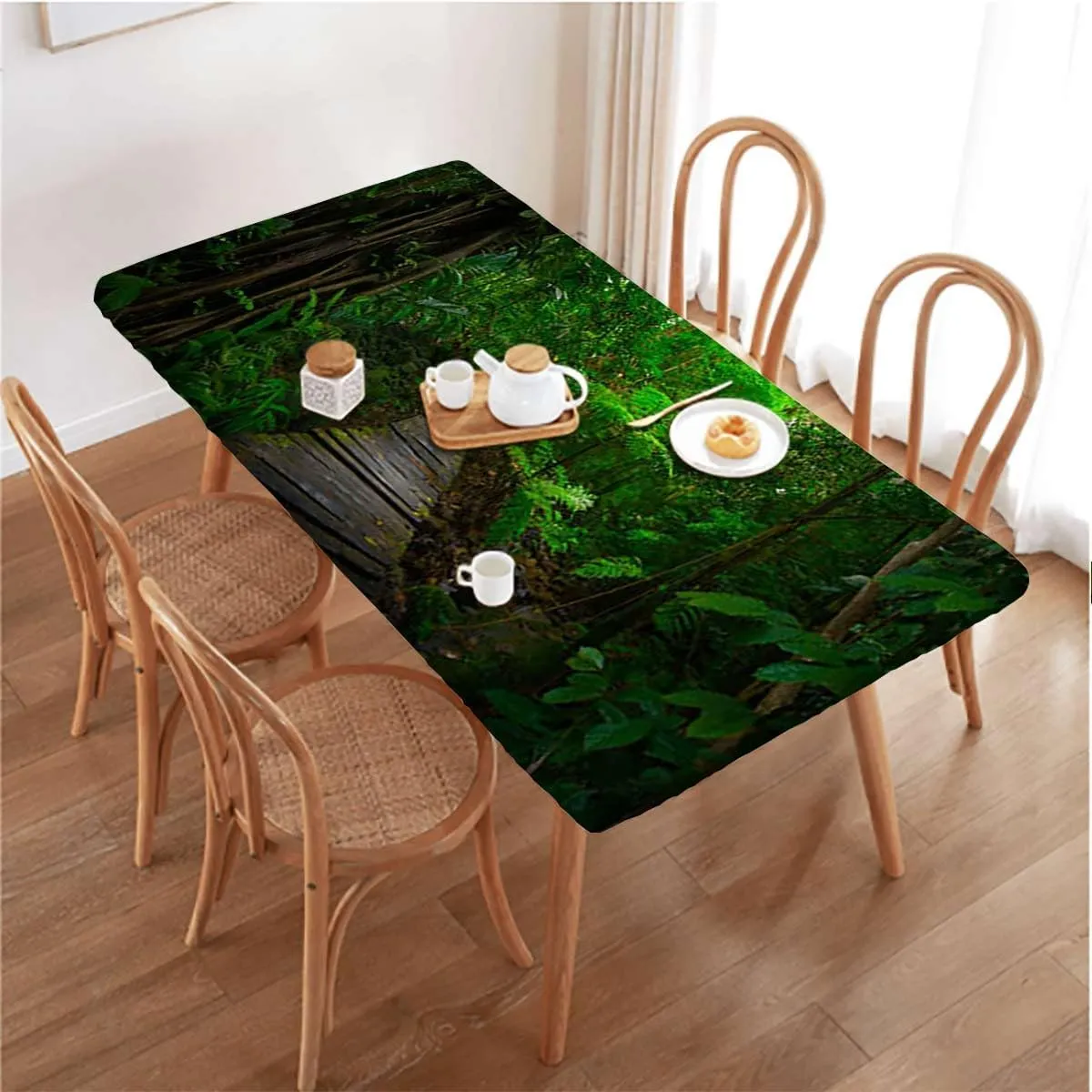 Green Brown Rectangle Table Cloth Cover, Entrance to Deep Evergreen Jungle Plants Rectangle Table Cover for Outdoor Picnic Camping Parties Forest Fits up 5 Foot Tables