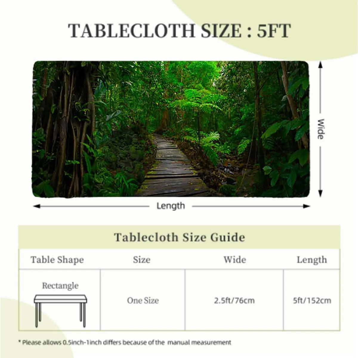 Green Brown Rectangle Table Cloth Cover, Entrance to Deep Evergreen Jungle Plants Rectangle Table Cover for Outdoor Picnic Camping Parties Forest Fits up 5 Foot Tables