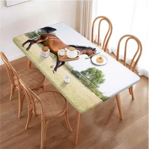 Green Brown Tablecloth Elastic Edge Fitted Horse Runs Gallop Sunset Scenery Pasture Elastic Fitted Tablecloth Waterproof Wipeable Animal Fits up 4 Foot Tables