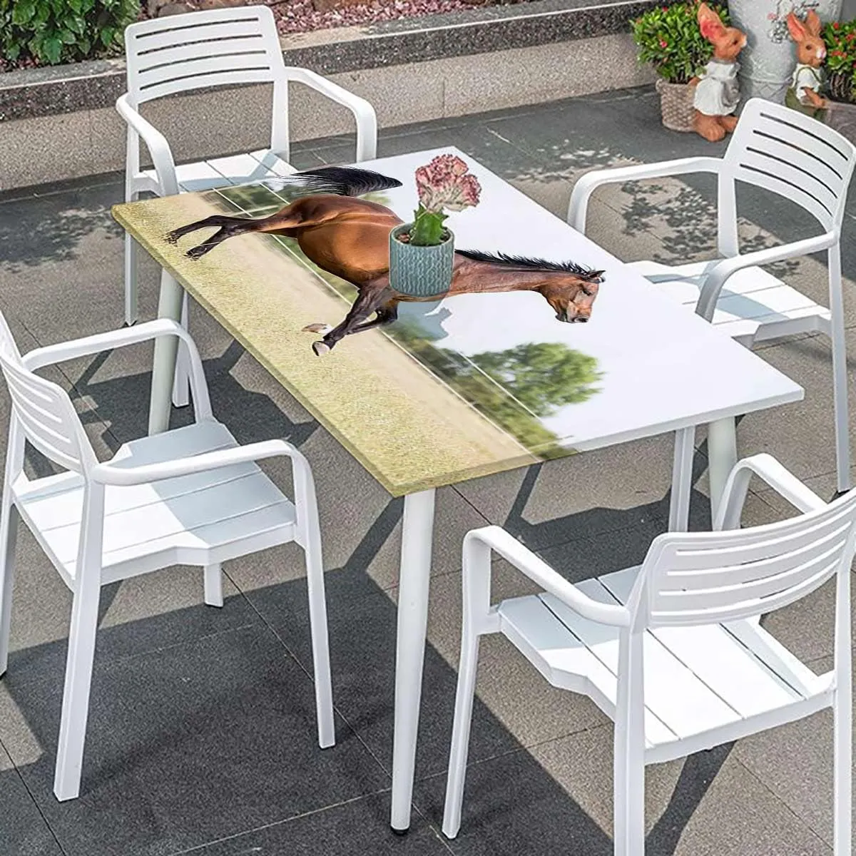 Green Brown Tablecloth Elastic Edge Fitted Horse Runs Gallop Sunset Scenery Pasture Elastic Fitted Tablecloth Waterproof Wipeable Animal Fits up 4 Foot Tables