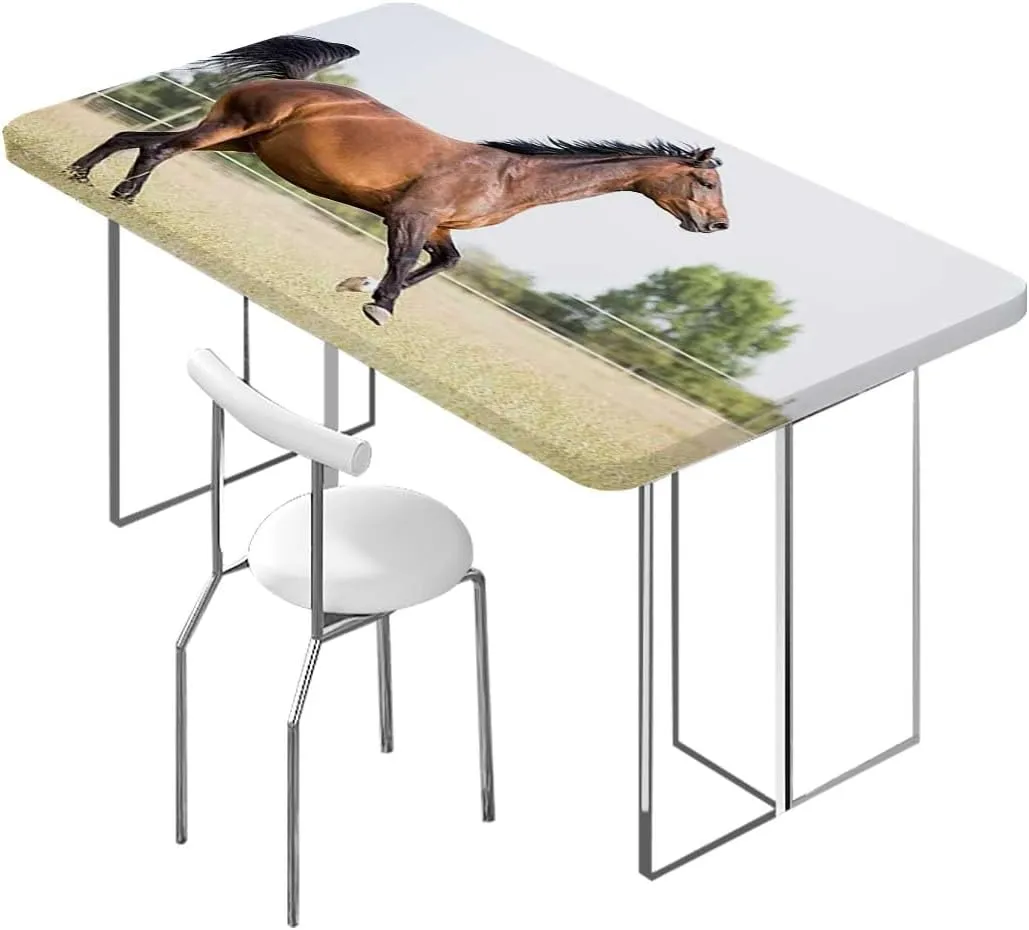 Green Brown Tablecloth Elastic Edge Fitted Horse Runs Gallop Sunset Scenery Pasture Elastic Fitted Tablecloth Waterproof Wipeable Animal Fits up 4 Foot Tables