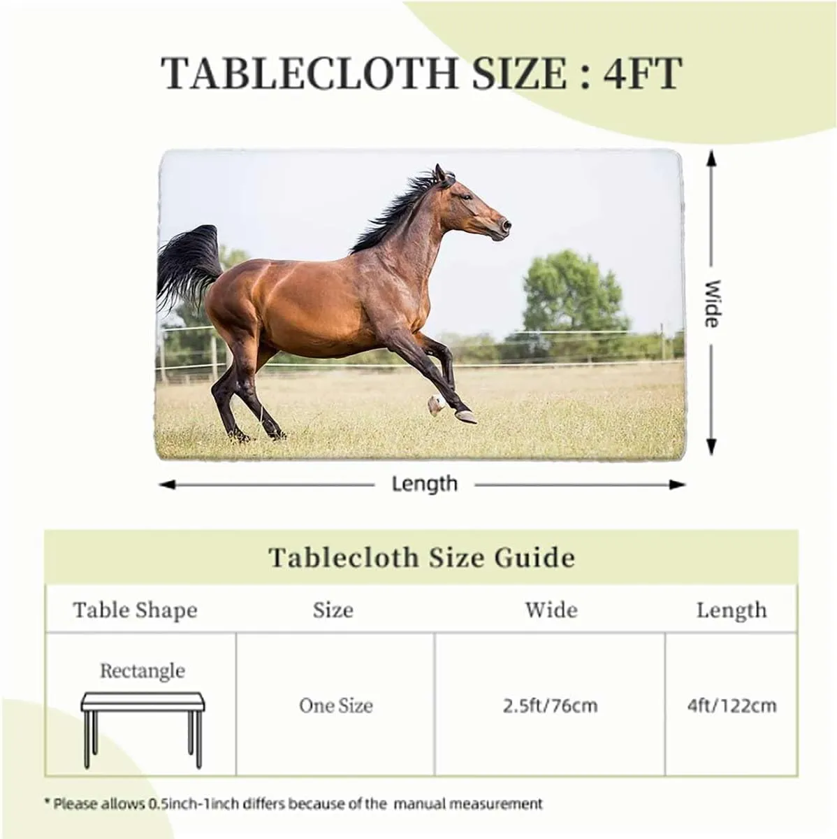 Green Brown Tablecloth Elastic Edge Fitted Horse Runs Gallop Sunset Scenery Pasture Elastic Fitted Tablecloth Waterproof Wipeable Animal Fits up 4 Foot Tables