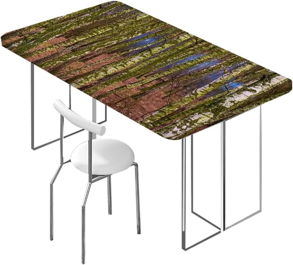 Green Brown Tablecloth Elastic Edge Fitted Sunshine in Forest Landscape Tablecloth Fitted Rectangle Elastic Edged Table Cover Waterproof ?Fabric Farm House Fits up 5 Foot Tables