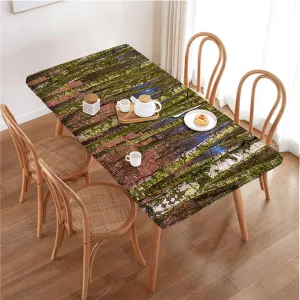 Green Brown Tablecloth Elastic Edge Fitted Sunshine in Forest Landscape Tablecloth Fitted Rectangle Elastic Edged Table Cover Waterproof ?Fabric Farm House Fits up 5 Foot Tables