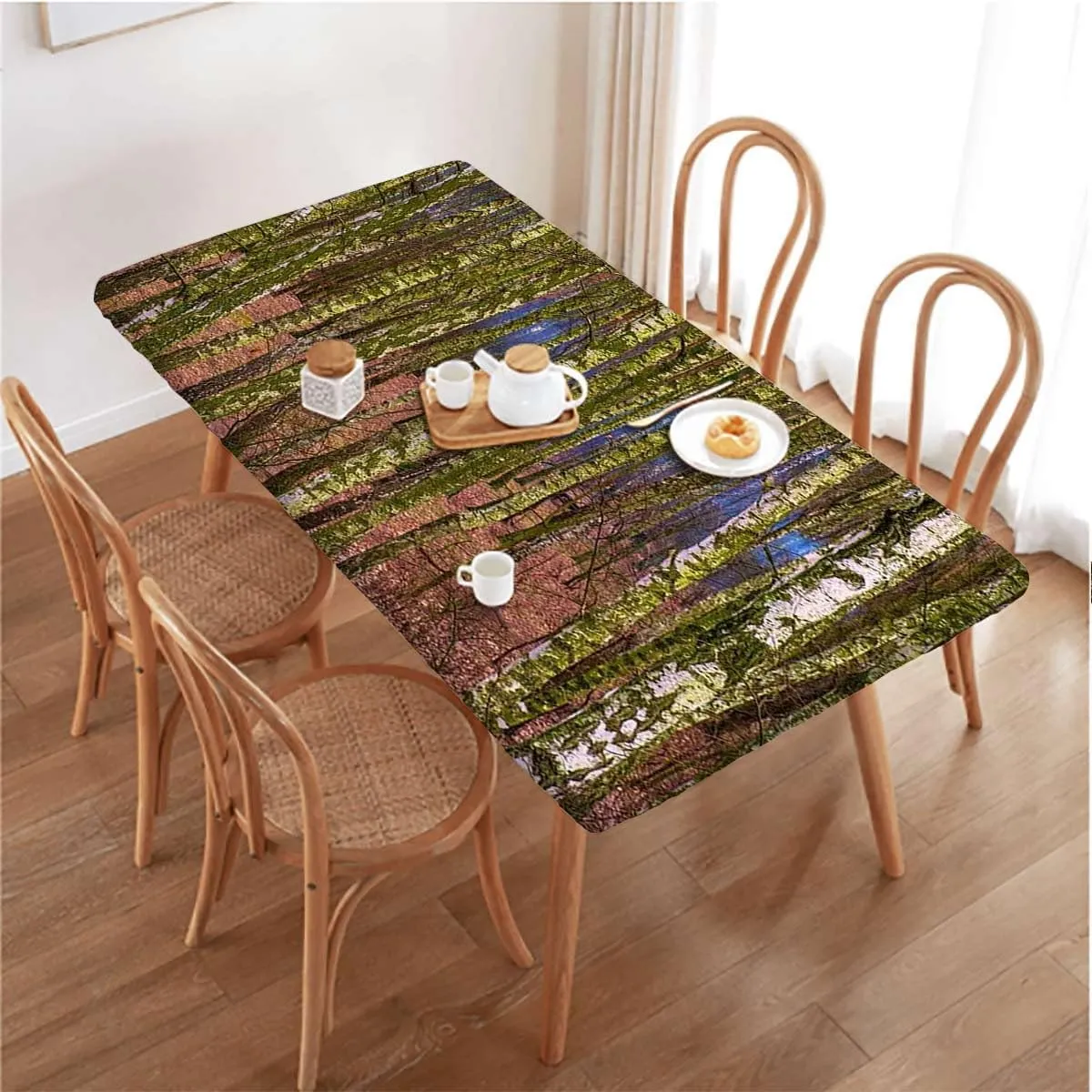 Green Brown Tablecloth Elastic Edge Fitted Sunshine in Forest Landscape Tablecloth Fitted Rectangle Elastic Edged Table Cover Waterproof ?Fabric Farm House Fits up 5 Foot Tables
