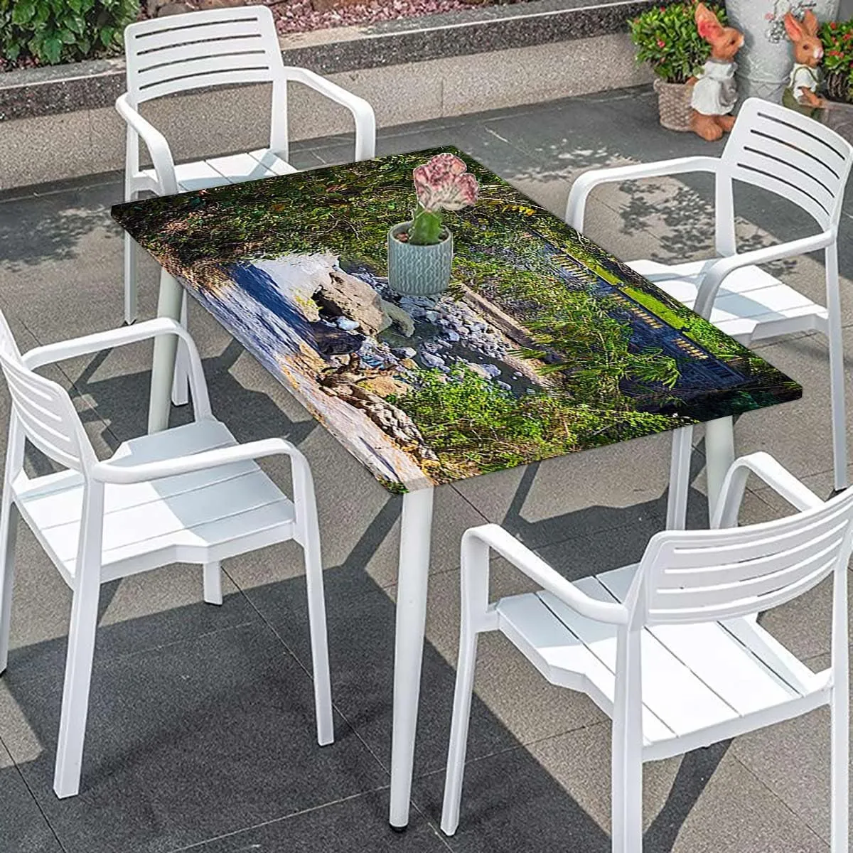 Green Grey Brown Fitted Tablecloth Waterfall in Deep Forest Scenery Tablecloth ?Suitable for Camping Party and Picnic Landscape Fits up 4 Foot Tables