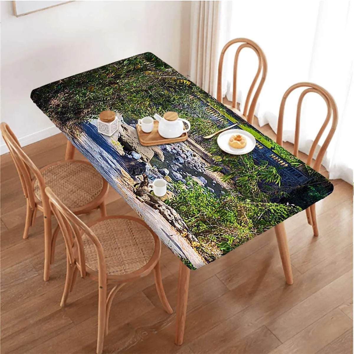 Green Grey Brown Fitted Tablecloth Waterfall in Deep Forest Scenery Tablecloth ?Suitable for Camping Party and Picnic Landscape Fits up 4 Foot Tables
