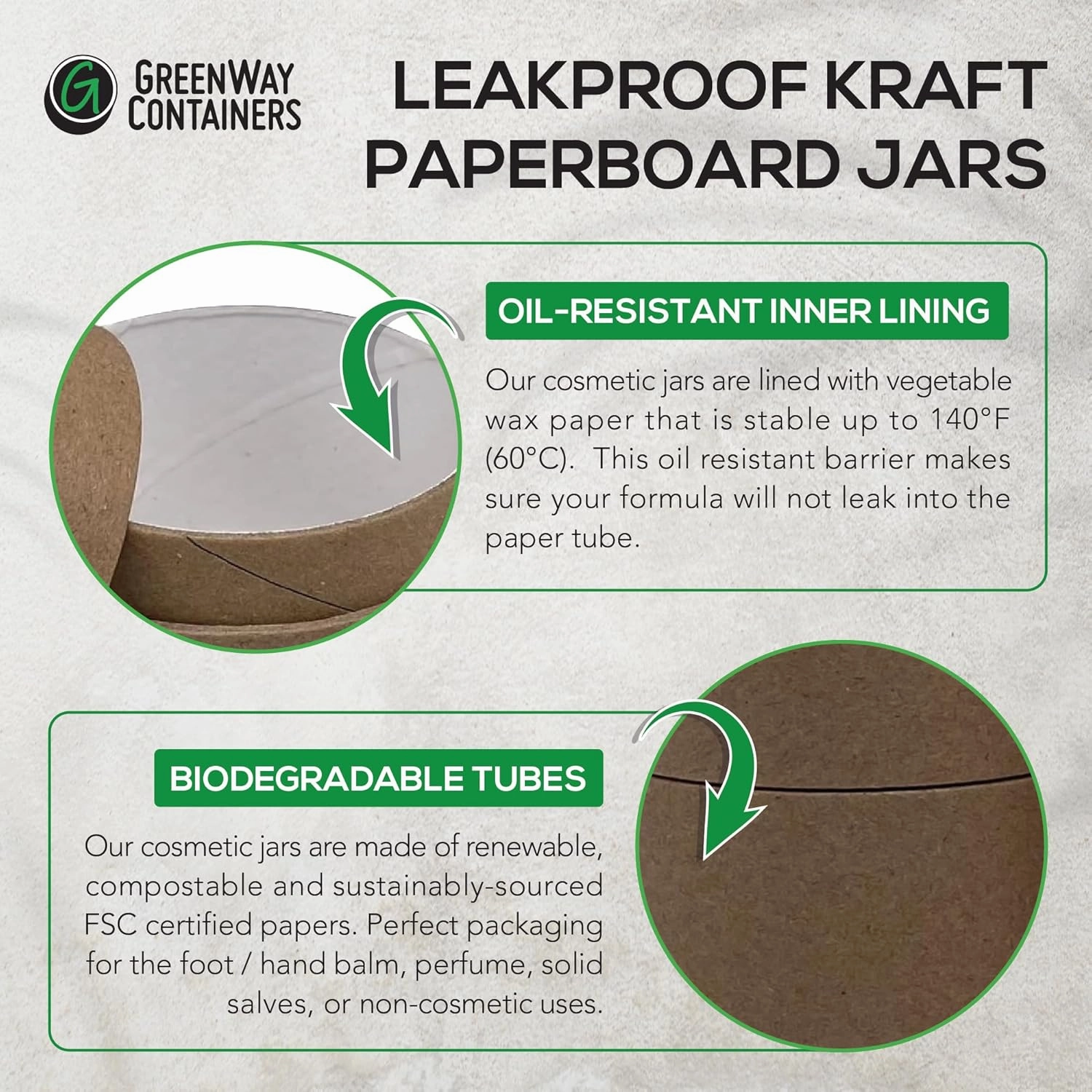 GreenWay 2oz / 60g Kraft Paperboard Empty Jars with Lids - 6 Pack Biodegradable Jars Refillable DIY Cosmetic Containers – Wax Lined Packaging Containers with Snug-Fitting Caps - Brown