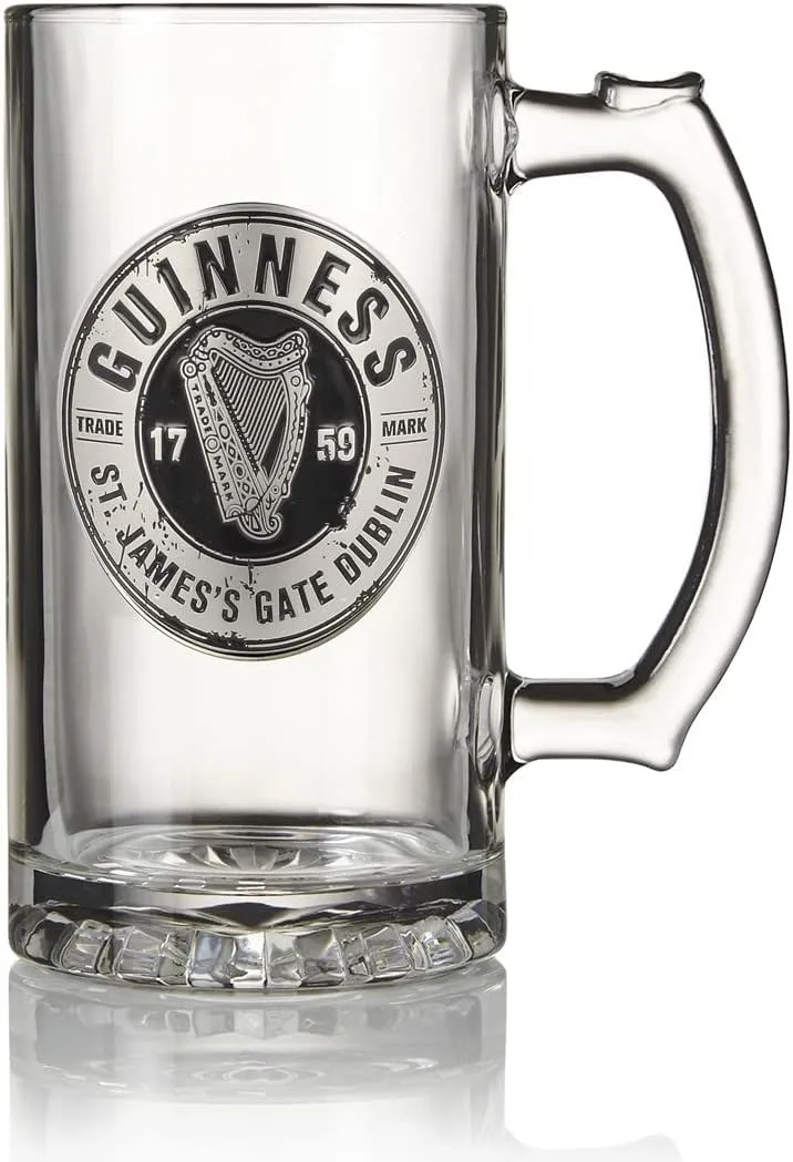 Guinness Label Tankard with Pewter Logo Beer Pub Style Pint Glass - Tankard Style Glass with Metal Badge