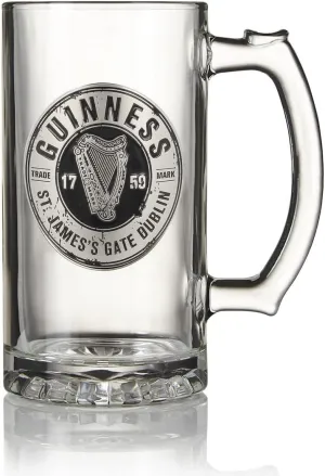 Guinness Label Tankard with Pewter Logo Beer Pub Style Pint Glass - Tankard Style Glass with Metal Badge