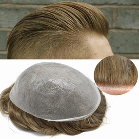 Hair Toupee Replacement System For Mens Toupee Virgin Real Human Hair Piece Ultra 0.06 Skin Men Hairpiece Toupee Protesis Capilar Para Hombre 8''X10'' #1710#17 Dark Ash Blonde 10% Grey